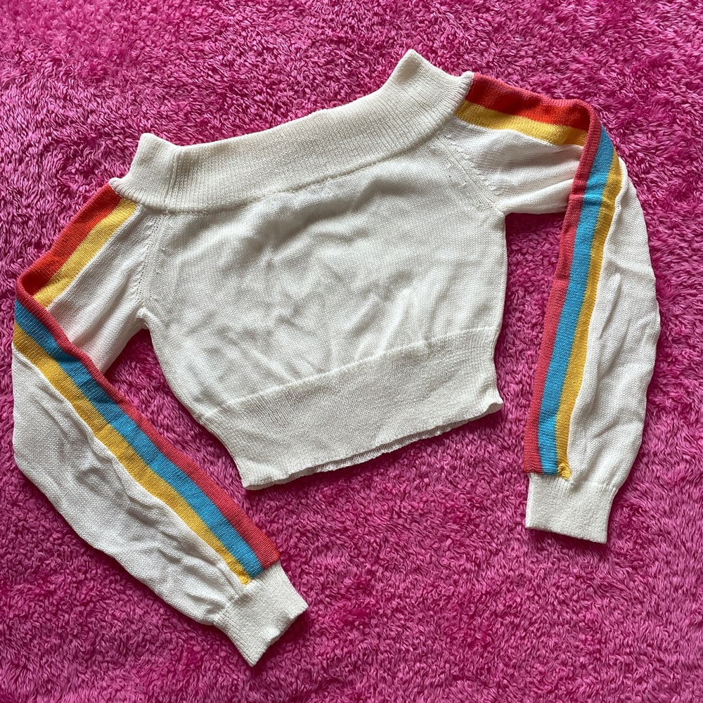 Honey Punch Off-the-Shoulder Sweater with Rainbow Stripes